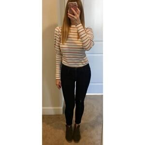 SEE BY CHLOÉ Cream Pink Striped Puff Sleeves Crewneck Sweater Size Medium